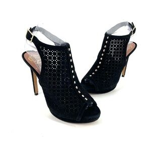 Vince Camuto Caliope Black True Suede Stud Open Toe Ankle Strap Stiletto Heel